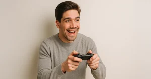 笑顔でゲームをする男性