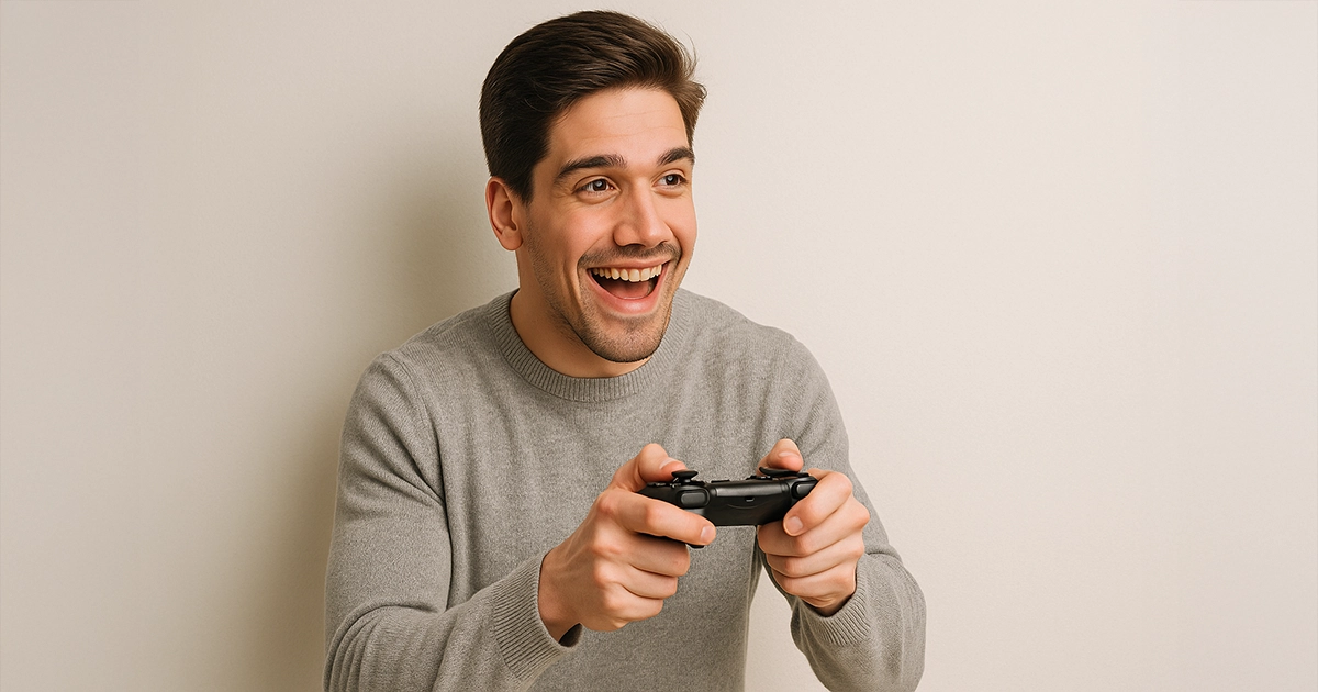 笑顔でゲームをする男性
